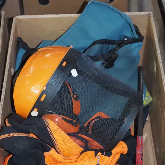 box; chainsaw chaps, hi-vis polar fleece etc