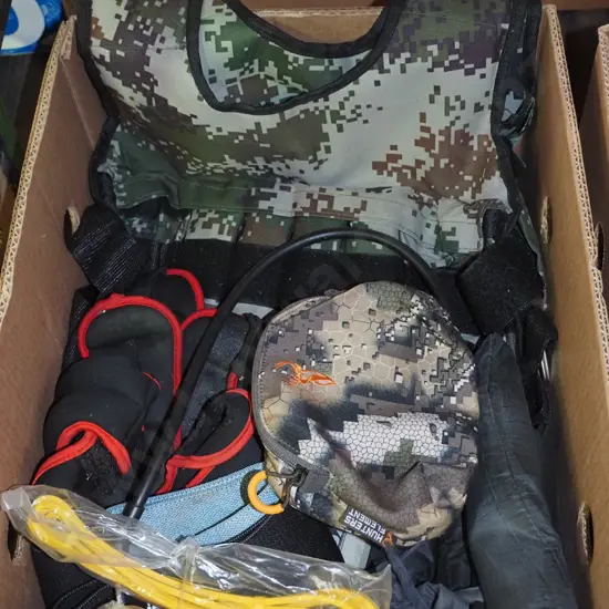 box; exercise equipment; weight vest, hand weights, ankle weights, rubber band etc