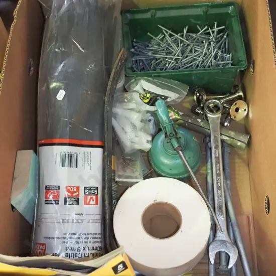 box; cable ties, oiler, nails etc