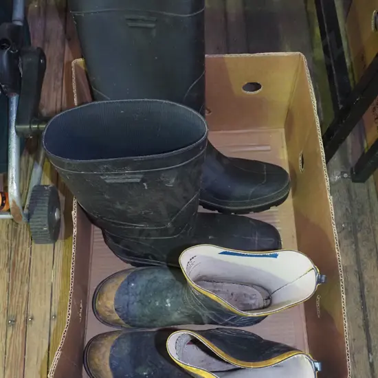 box; size 8, size 10 gumboots