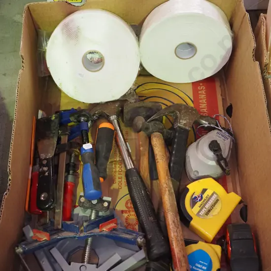 box; hammers, chalk lines, F clamps etc