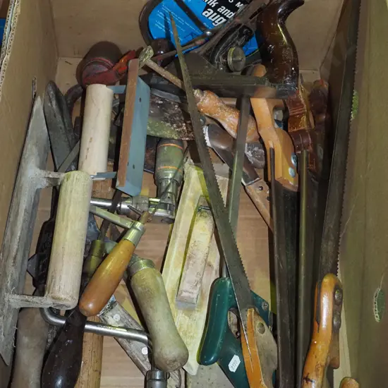 box; plaster's floats, hand saws, hand plane etc