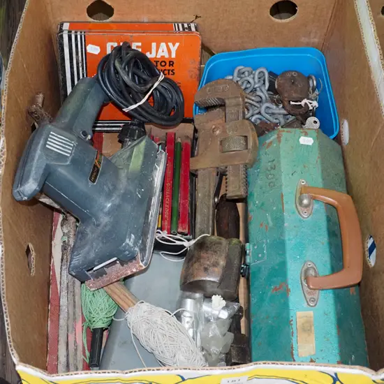 box; orbital sander, tool box, string lines etc