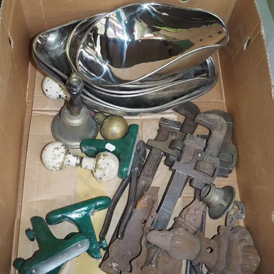 box; plumber's stilsons, wall mounted brackets, stainless steel pouring bowls etc