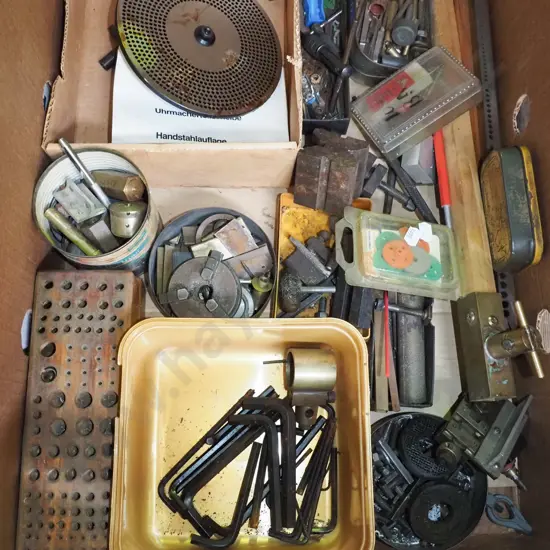 box; allen keys, brass bits, wooden drill bit stands etc