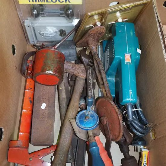 box; rubber mallet, hammer, large B&D orbital sander etc