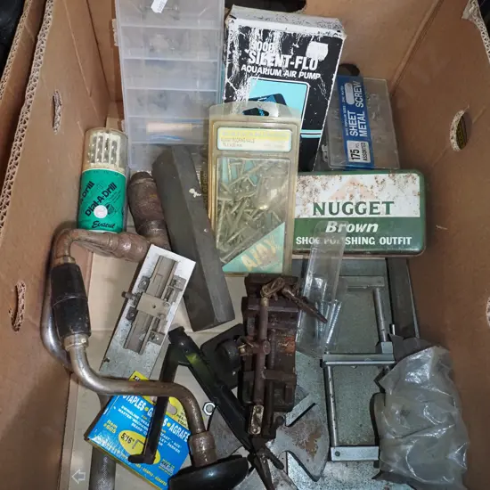 box; roofing nails, drill bits etc