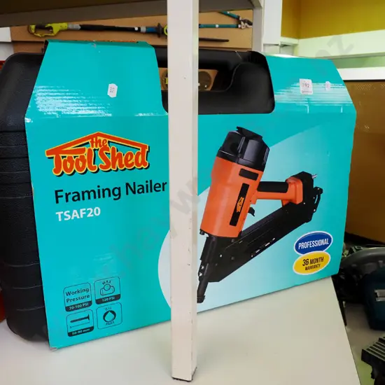 box; as-new Tool Shed framing nailer