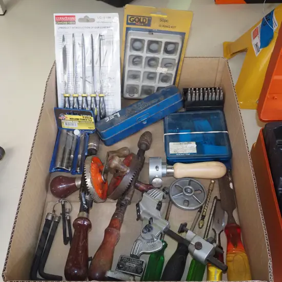box; eggbeater drills, chisels, engineer's punch etc