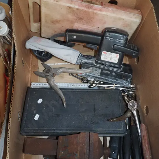 box; engineer's vice, open ended ring spanners, sander etc