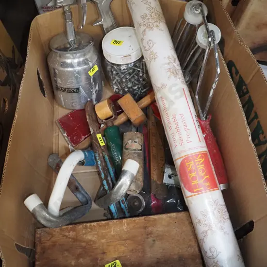box; tech screws, Black Ridge air powered paint sprayer, vintage wallpaper etc