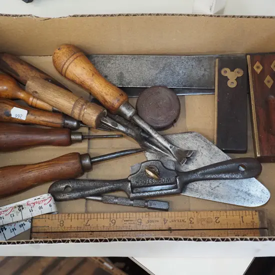 box; builder's squares, trowels, spoke shave etc