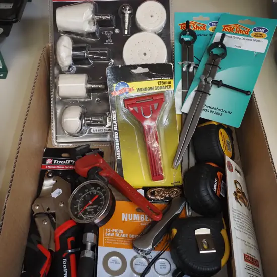 box; polishing set, locking pliers, tape measures etc