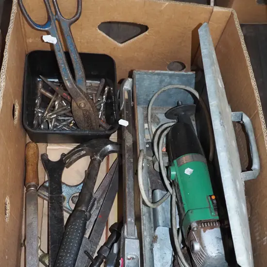 box; Hitachi angle grinder, hammers, tin snips etc