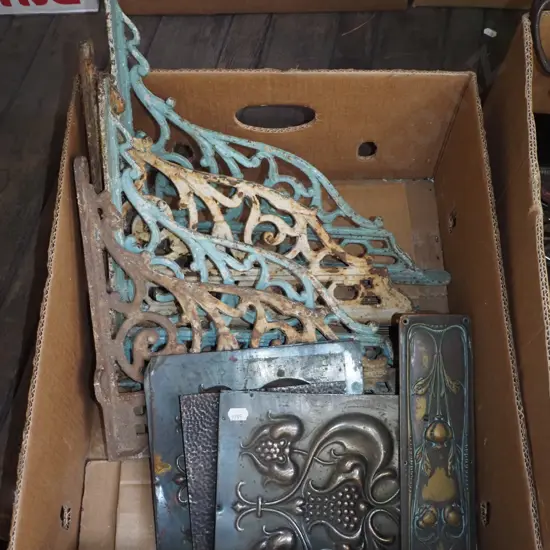 box; cast iron shelf brackets, pressed copper art nouveau panels