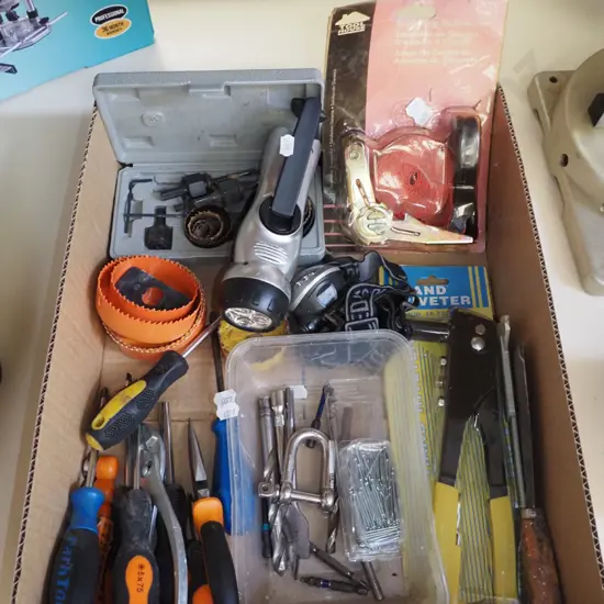 box; hole saws, load strops, riveter etc