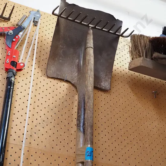 rusty wide mouth shovel, rake