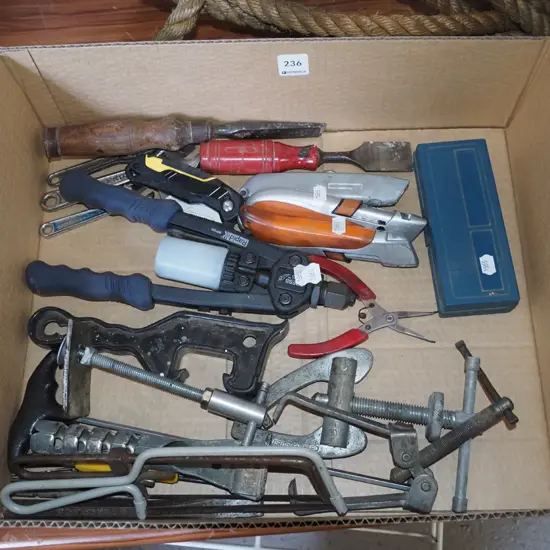 box; pop riveter, gear pullers, chisels etc