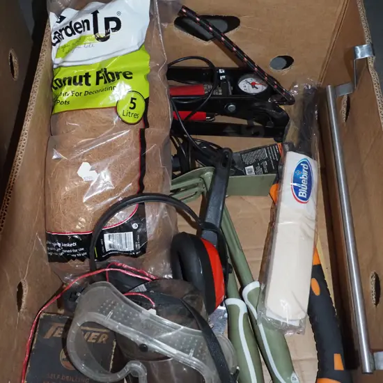 box; coconut fibre, hatchets, garden tools etc