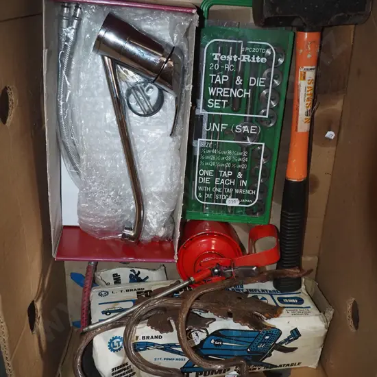 box; tap and die set, foot pump, hammer etc