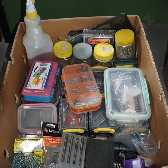 box; nails, hooks, screws, linseed oil etc