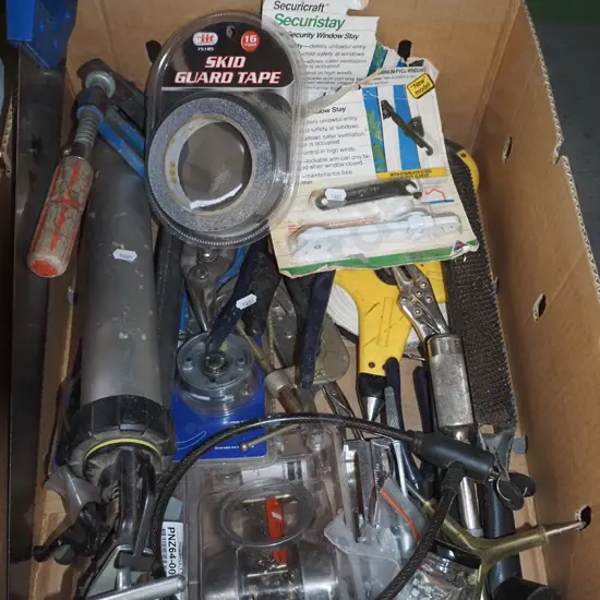 box; F clamp, rasp, bike lock etc