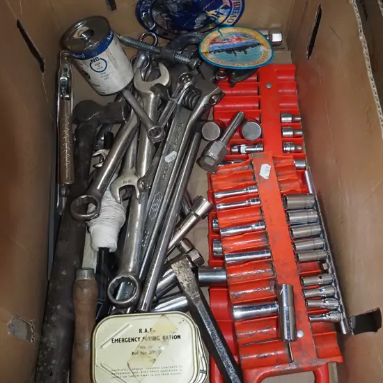 box; adjustable crescents, bull peen hammer, sockets etc