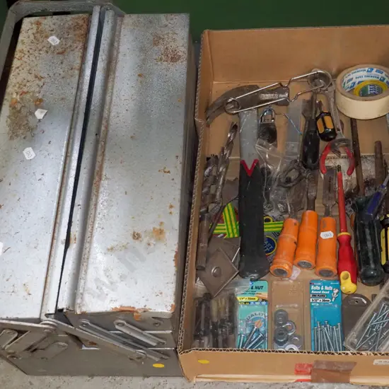 box; screwdrivers, chisels, hammer, metal tool box etc - yellow dots
