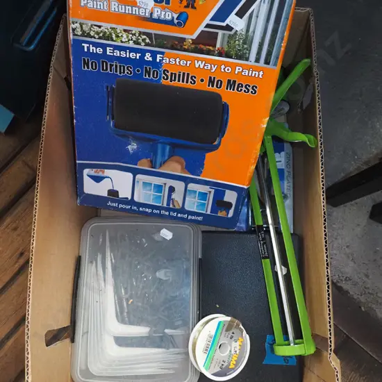 box; shelf brackets, caulking gun, paint Runner Pro etc
