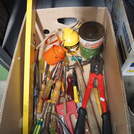 box; bolt cutters, builders level, oilers etc