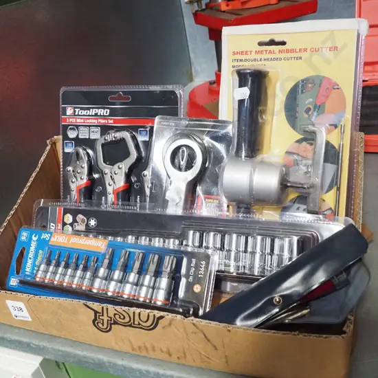 box of as-new allsorts; torque socket set, plier set, sheet metal knibbler etc