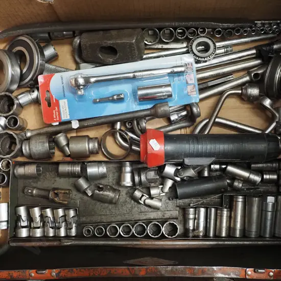 box; part socket sets, torch, bearings etc