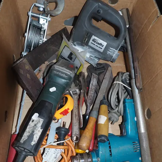 box; angle grinder, jigsaw, drill etc