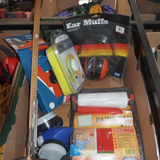 box; ear muffs, paint kit, 30m tape measure etc
