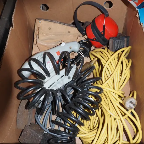box; orbital sander, extension cord, ear muffs etc