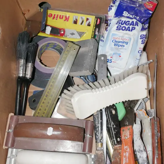 box; scrubbing brushes, painting  knives, ruler etc
