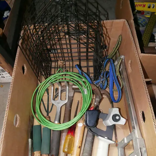 box; garden tools, hammer, hack saw etc