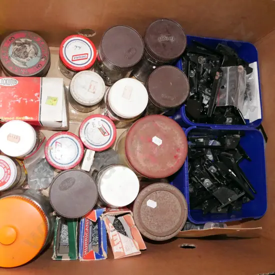 box; nuts, bolts, door hardware etc