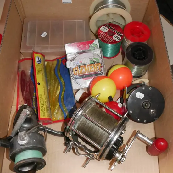 box; fishing reels, lures, lines etc
