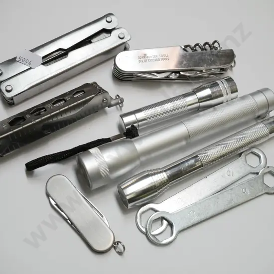 box; torches, pocket knives, multi tools