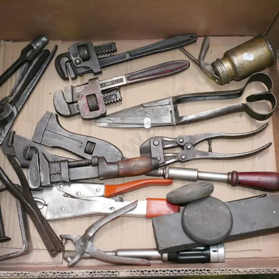 box; stilsons, shears, sharp stones etc