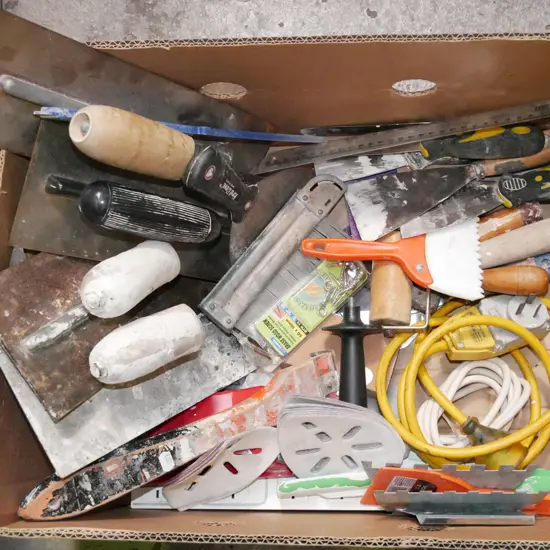 box; plasterer's trowels, RCD cut out switch, putty knives etc