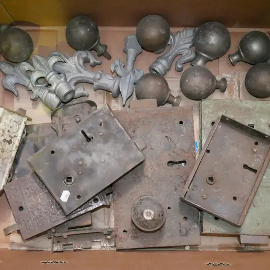 box; brass door handles, vintage door hardware etc