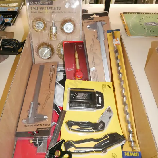 box; craft knives, auger bits, wire brush set etc
