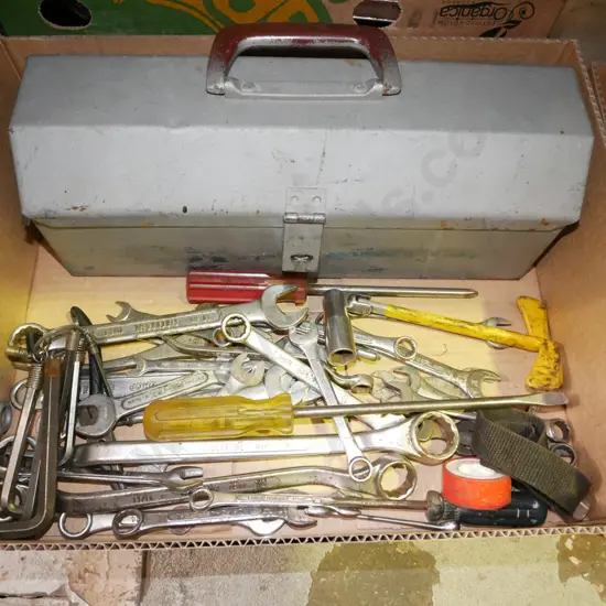 box; open eneded ring spanners, tool box, screwdrivers etc