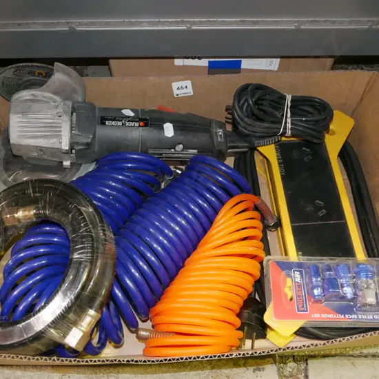box; angle grinder, air hoses, multi board etc