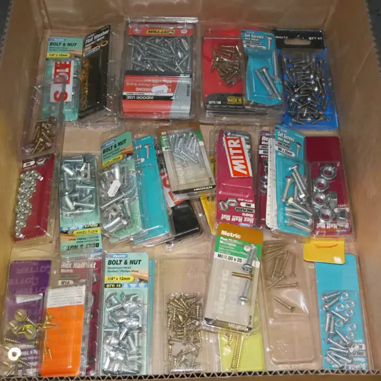 box; various fasteners, screws, nuts, bolts