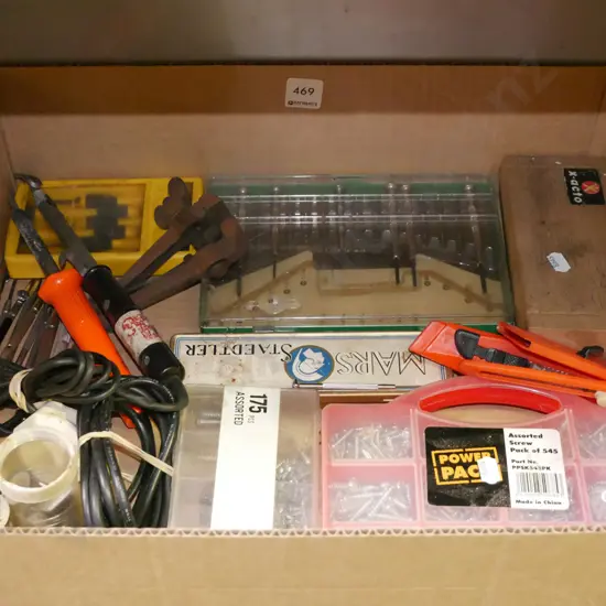 box; soldering irons, screws, vice etc