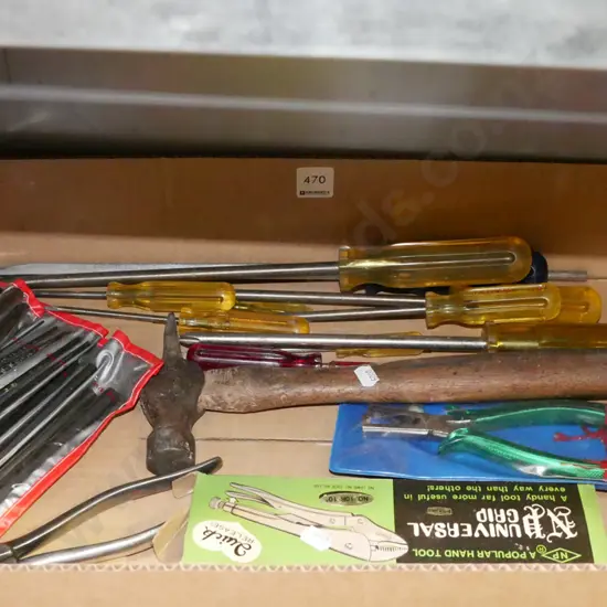 box; screw drivers, allen key sets, hammer etc