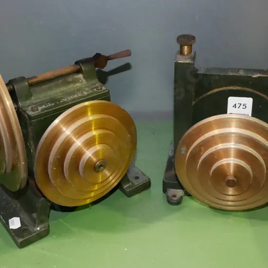 2x vintage Palmer implements, right angle 50 to 1 reduction box and pulley drive